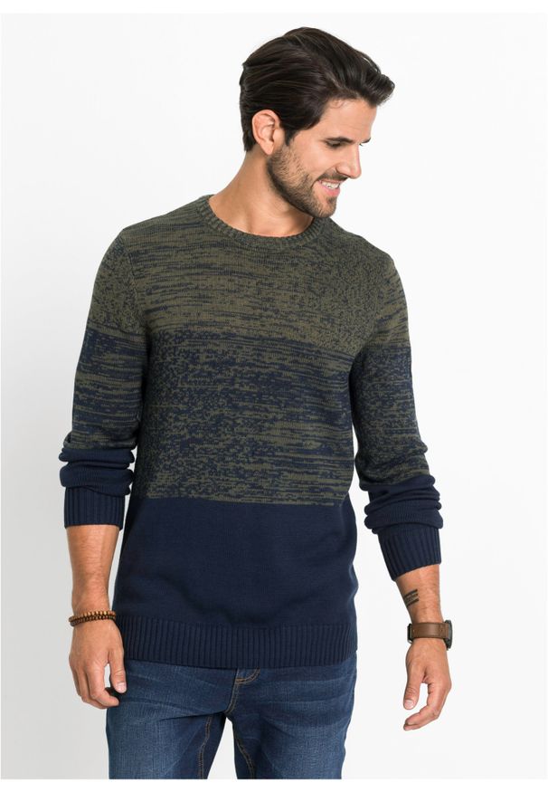 bonprix - Sweter z cienkiej dzianiny w wygodnym fasonie, z bawełną. Kolor: zielony. Materiał: dzianina, bawełna. Długość: długie. Wzór: paski