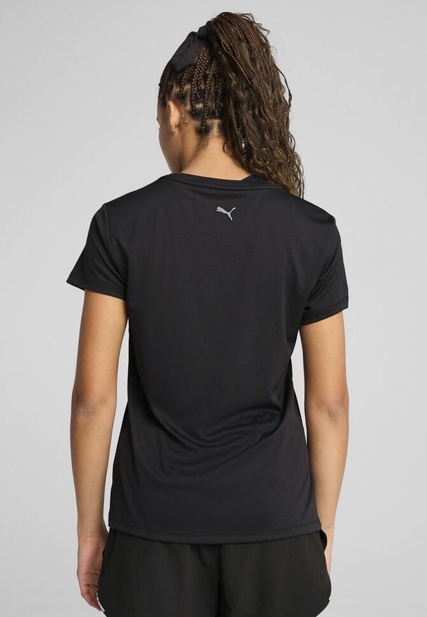 Puma - Damska koszulka do biegania z grafiką i napisem PUMA Black Q2. Kolor: czarny. Wzór: napisy