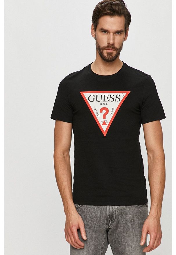Guess - T-shirt. Okazja: na co dzień. Kolor: czarny. Materiał: dzianina. Wzór: nadruk. Styl: casual