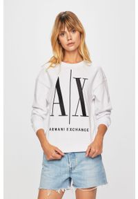 Armani Exchange - Bluza. Okazja: na co dzień. Typ kołnierza: bez kaptura. Kolor: biały. Materiał: bawełna, materiał, dzianina, elastan, poliester. Wzór: aplikacja. Styl: casual #1