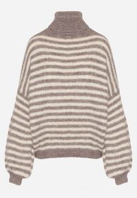 Born2be - Szaro-Beżowy Golf z Domieszką Wełny w Paski Monallia. Okazja: na co dzień. Typ kołnierza: golf. Kolor: szary. Materiał: wełna. Wzór: paski. Styl: klasyczny, casual, elegancki #3