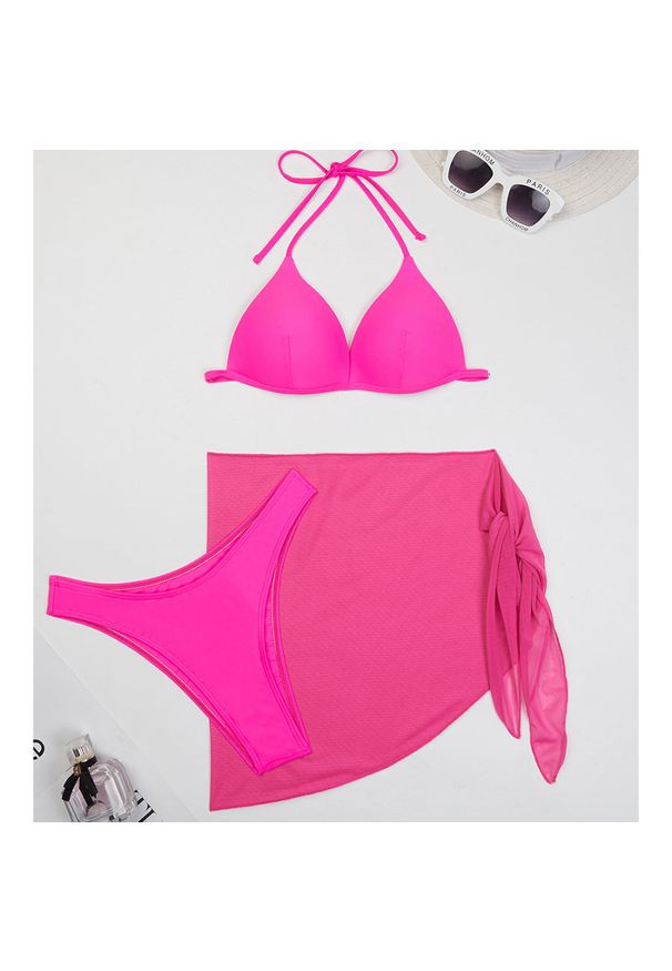 Intica - Bikini z pareo na plażę i basen Gretta. Kolor: różowy. Materiał: materiał. Wzór: gładki