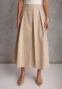 Renee - Beżowa Bawełniana Spódnica o Rozkloszowanym Kroju z Plisami Nerimara. Okazja: na co dzień. Kolor: beżowy. Materiał: bawełna. Wzór: aplikacja. Sezon: lato. Styl: casual #7