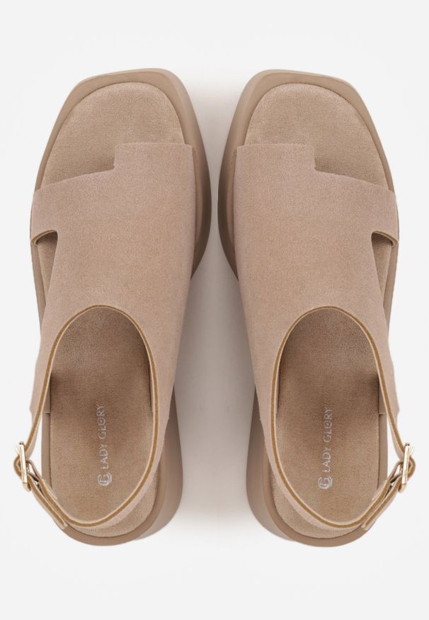 Renee - Ciemnobeżowe Sandały Japonki z Paskiem na Palec na Grubej Podeszwie z Koturnem Tibas. Okazja: na co dzień. Zapięcie: pasek. Kolor: beżowy. Materiał: len. Sezon: lato. Obcas: na koturnie. Styl: casual