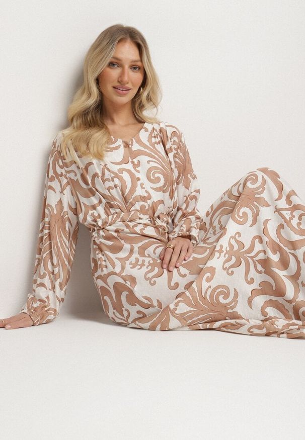 Born2be - Jasnobeżowa Rozkloszowana Sukienka z Wiskozą z Wiązaniem w Abstrakcyjny Wzór Ridimarelle. Kolor: beżowy. Materiał: wiskoza. Styl: klasyczny