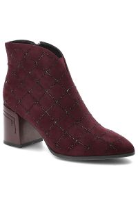 Bordowe Botki S.Barski Stylowe Buty Damskie. Zapięcie: zamek. Kolor: czerwony. Materiał: zamsz. Wzór: aplikacja, kratka. Obcas: na obcasie. Styl: elegancki. Wysokość obcasa: średni