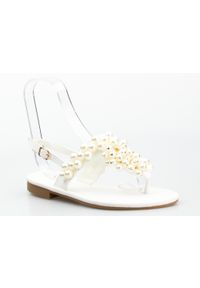 Inna - Sandały japonki z ozdobami białe. Kolor: biały. Materiał: materiał. Wzór: aplikacja. Styl: wakacyjny #5