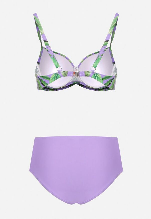 Born2be - Fioletowe Bikini Majtki Figi z Siateczkowymi Wstawkami i Biustonosz w Liście Kinella. Kolor: fioletowy