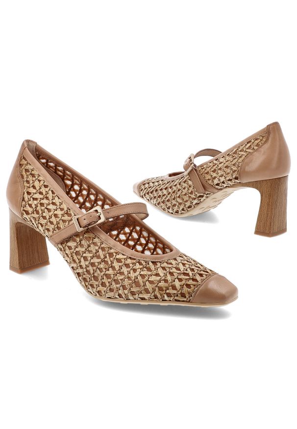 Czółenka damskie Hispanitas, z łączonych materiałów z ażurową cholewką o plecionym wykończeniu stabilny obcas o słupkowym kształcie, beżowe, RHV26460. Okazja: na spotkanie biznesowe. Zapięcie: pasek. Kolor: beżowy. Szerokość cholewki: normalna. Wzór: ażurowy. Materiał: materiał. Obcas: na obcasie. Styl: biznesowy, elegancki. Wysokość obcasa: średni