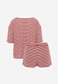 Renee - Beżowo-Czerwony Komplet Casualowy z Bawełny Oversize T-shirt i Szorty w Paski Stylizowany na Szydełkowany Pherra. Kolor: beżowy. Materiał: bawełna. Wzór: paski #5