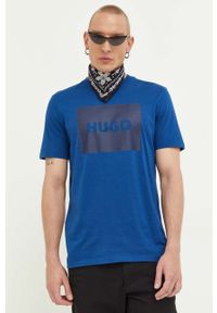 Hugo - HUGO t-shirt bawełniany kolor niebieski z nadrukiem. Kolor: niebieski. Materiał: bawełna. Wzór: nadruk
