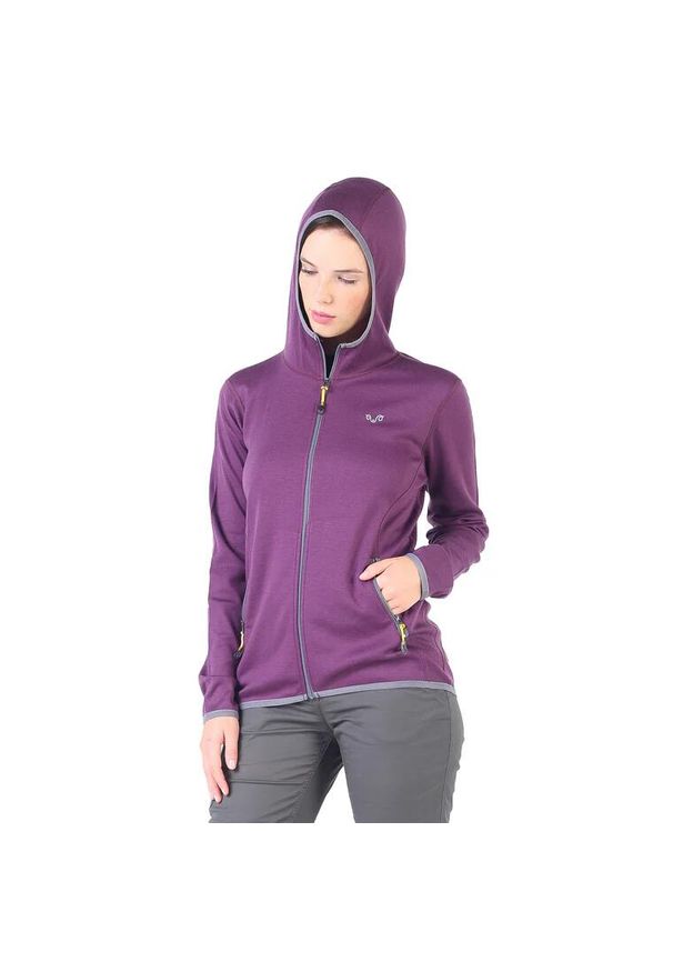 WOOLONA - Damska bluza rozpinana z kapturem 100% Merino - Marin/Woolona. Typ kołnierza: kaptur. Kolor: fioletowy
