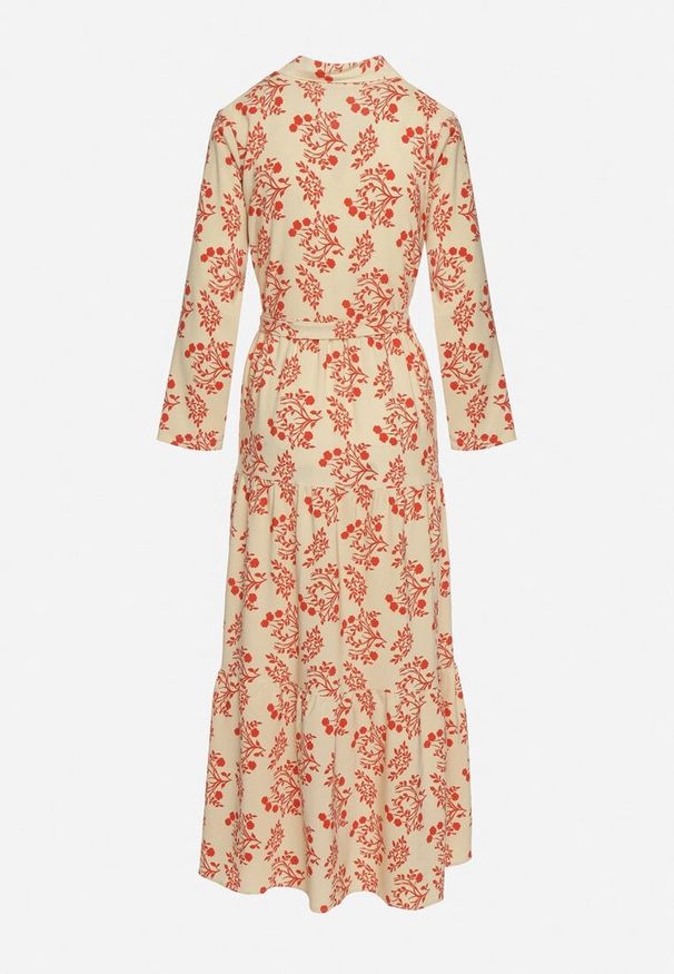 Born2be - Jasnobeżowa Koszulowa Sukienka z Podwijanymi Rękawami Zapinana na Guziki z Paskiem w Pasie Illnara. Okazja: na co dzień. Kolor: beżowy. Długość rękawa: długi rękaw. Typ sukienki: koszulowe. Styl: casual, klasyczny, elegancki