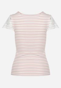Born2be - Różowo-Biały Bawełniany T-shirt z Prążkowanego Materiału z Koronkowym Dekoltem i Rękawkami Hyacintia. Kolor: różowy. Materiał: materiał, bawełna, prążkowany, koronka. Długość rękawa: krótki rękaw. Sezon: lato #3