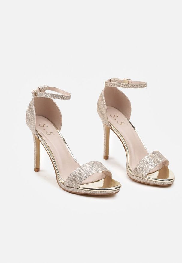 Born2be - Złote Sandały na Szpilce Ozdobione Brokatem Mlivora. Okazja: na spacer. Zapięcie: pasek. Kolor: złoty. Materiał: jeans. Wzór: aplikacja. Obcas: na szpilce. Styl: elegancki