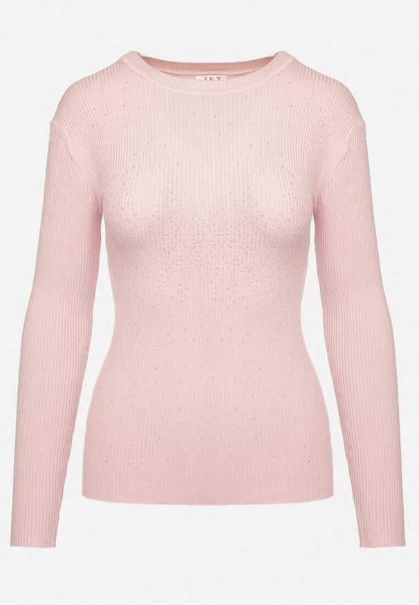 Born2be - Jasnoróżowy Sweter Prążkowany z Cyrkoniami Romivra. Okazja: na co dzień. Kolor: różowy. Materiał: prążkowany. Długość rękawa: długi rękaw. Długość: długie. Styl: elegancki, casual