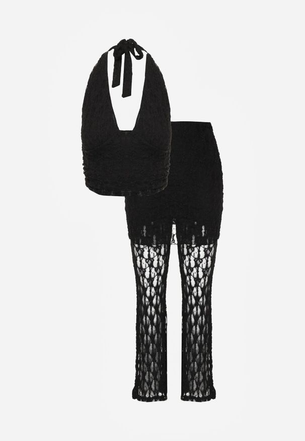 Born2be - Czarny Koronkowy Komplet Top z Odkrytymi Plecami i Spodnie z Imitacją Spódnicy Romine. Kolor: czarny. Materiał: koronka. Wzór: koronka