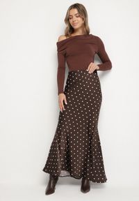 Born2be - Brązowa Trapezowa Spódnica w Groszki z Wysokim Stanem Pavea. Okazja: na co dzień, na spacer. Stan: podwyższony. Kolor: brązowy. Wzór: grochy. Styl: klasyczny, casual, elegancki #5