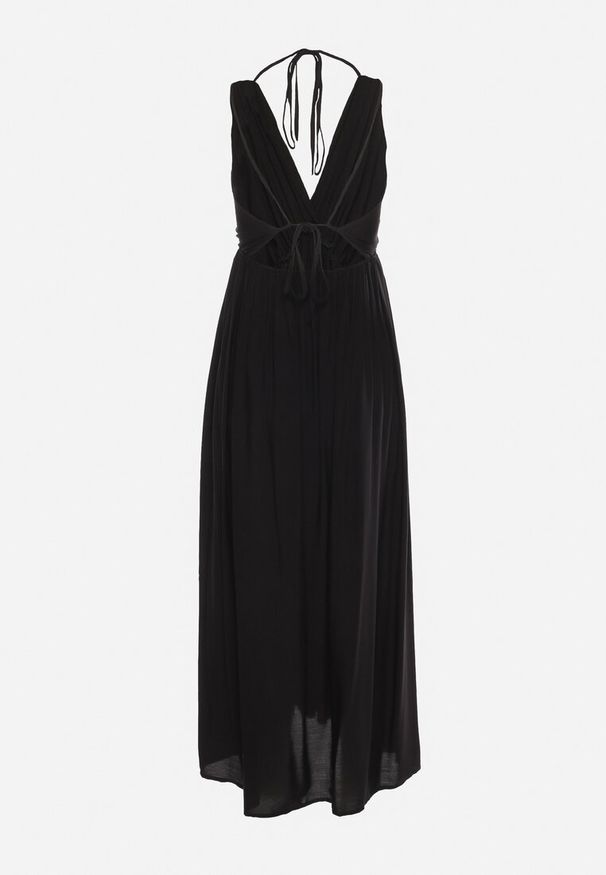 Born2be - Czarna Sukienka Wiskozowa Rozkloszowana z Wiązaniem na Szyi Frines. Okazja: na imprezę. Kolor: czarny. Materiał: wiskoza. Wzór: aplikacja. Sezon: lato. Typ sukienki: rozkloszowane. Styl: elegancki