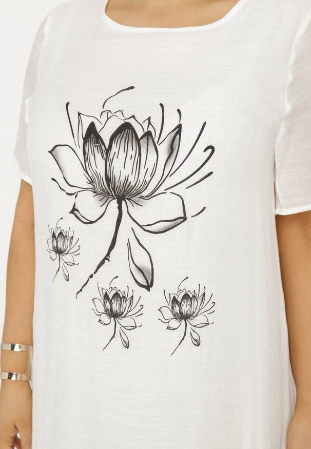 Born2be - Biała Sukienka z Bawełny i kwiatowym Motywem Vareldi. Okazja: na imprezę, na co dzień. Kolor: biały. Materiał: bawełna. Wzór: kwiaty. Sezon: lato. Typ sukienki: proste. Styl: casual, elegancki