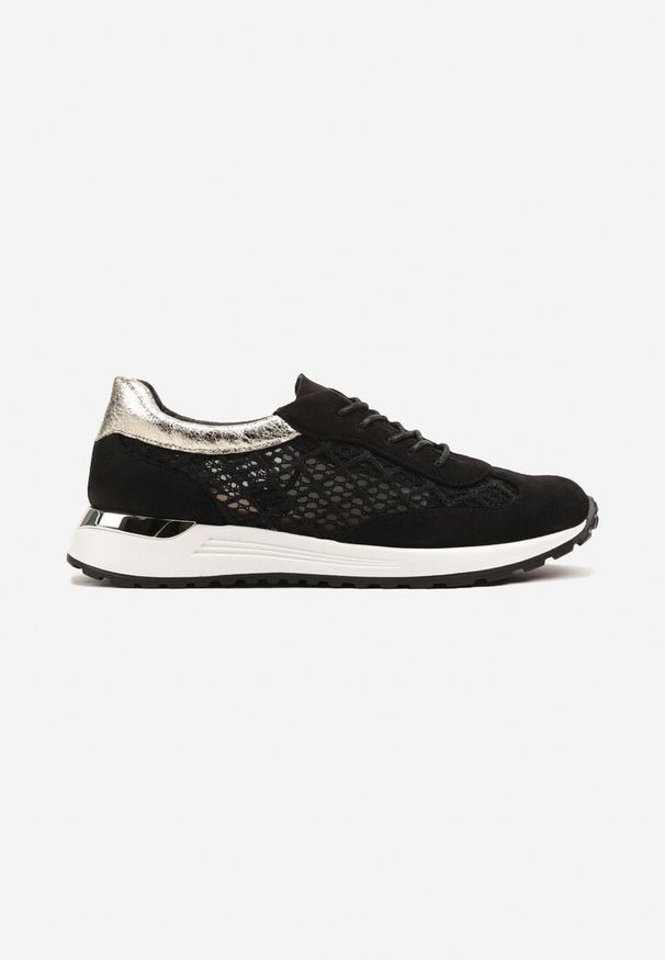Born2be - Czarne Ażurowe Sneakersy Ozdobione Metalicznymi Wstawkami Sdivane. Okazja: na co dzień. Kolor: czarny. Materiał: jeans. Wzór: aplikacja, ażurowy. Obcas: na płaskiej podeszwie