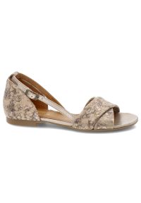 Złote Sandały Maciejka Eleganckie Wzorzyste Obuwie Damskie. Okazja: na spacer, na imprezę, na co dzień. Zapięcie: pasek. Kolor: złoty. Materiał: materiał. Wzór: paski. Sezon: lato. Styl: elegancki #3