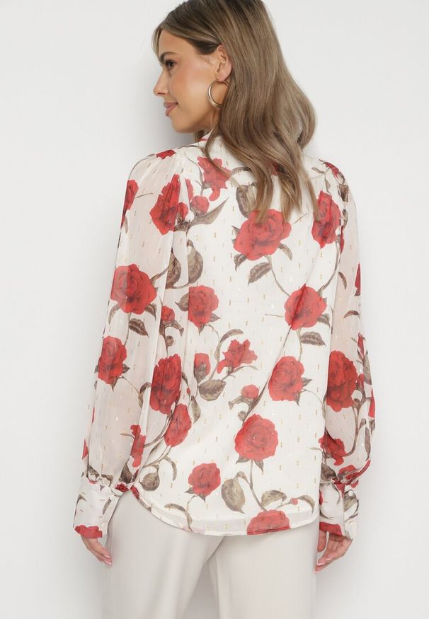 Born2be - Beżowo-Czerwona Koszula w Kwiaty z Transparentnymi Rękawami Heslinea. Okazja: na co dzień. Kolor: beżowy. Materiał: jeans. Wzór: kwiaty. Styl: elegancki, casual, klasyczny