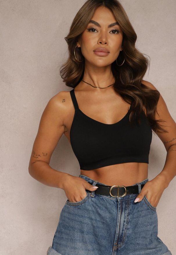 Renee - Czarny Sportowy Biustonosz z Ramiączkami na Krzyż Goolia. Okazja: na co dzień. Kolor: czarny. Materiał: jeans. Długość rękawa: na ramiączkach. Styl: sportowy