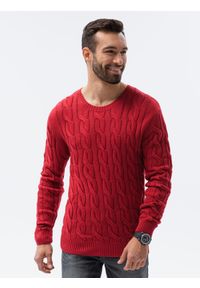 Ombre Clothing - Sweter męski z warkoczowym splotem E195 - czerwony - XXL. Okazja: na co dzień. Kolor: czerwony. Materiał: akryl, jeans, bawełna. Wzór: ze splotem. Styl: elegancki, klasyczny, casual #3