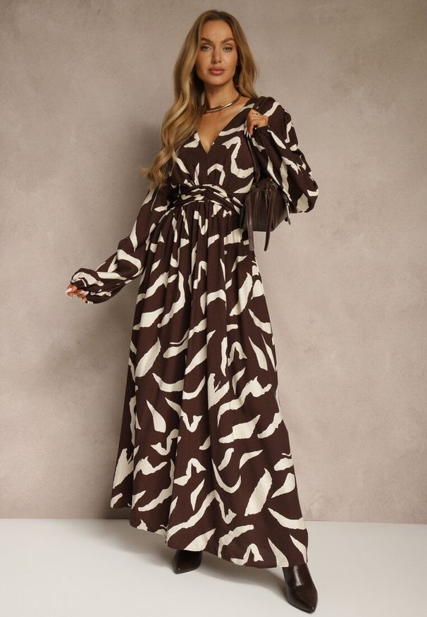 Renee - Brązowa Sukienka z Wiskozą o Rozkloszowanym Kroju Netiva. Okazja: na spacer. Kolor: brązowy. Materiał: wiskoza. Sezon: jesień, wiosna. Styl: elegancki