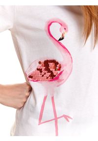 DRYWASH - T-shirt damski z cekinami, z flamingiem. Kolor: biały. Materiał: tkanina, bawełna. Długość rękawa: krótki rękaw. Długość: krótkie. Wzór: nadruk. Sezon: lato #4