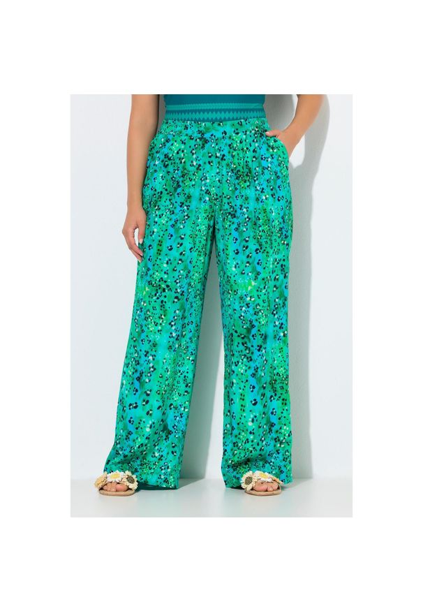 ULLA POPKEN - Damskie Spodnie palazzo zwierzęcy wzór szeroka nogawka elastyczny pas. Kolekcja: plus size. Kolor: wielokolorowy. Materiał: wiskoza, materiał. Długość: długie. Wzór: motyw zwierzęcy