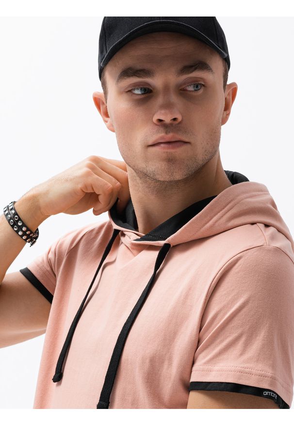 Ombre Clothing - T-shirt męski z kapturem bez nadruku S1376 - brzoskwiniowy - XXL. Okazja: na co dzień. Typ kołnierza: kaptur. Kolor: pomarańczowy. Materiał: bawełna, jersey, dzianina. Styl: klasyczny, casual