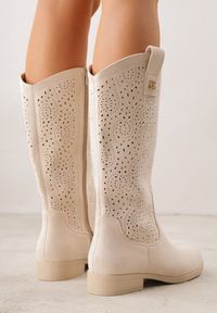Born2be - Beżowe Botki Ażurowe Ozdobione Metaliczną Aplikacją Iomosa. Okazja: na co dzień, do pracy. Kolor: beżowy. Materiał: prążkowany, skóra. Wzór: ażurowy, aplikacja. Styl: casual, elegancki #9