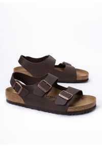 Sandały Unisex Birkenstock Milano BF (34701). Okazja: na co dzień, na spacer. Zapięcie: pasek. Kolor: brązowy. Materiał: skóra, materiał. Wzór: paski. Styl: klasyczny, casual