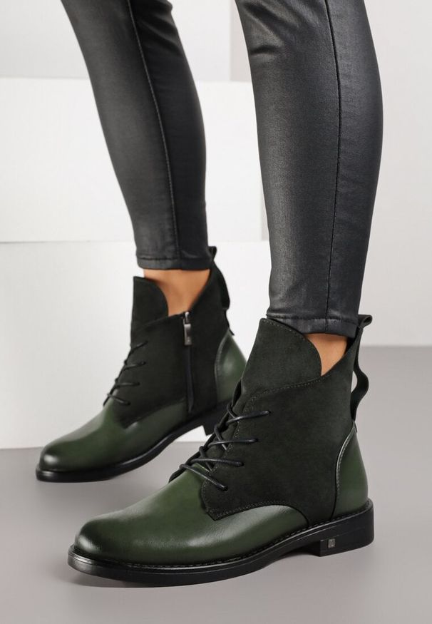 Born2be - Zielone Botki Potocki Typu Trzewiki z Geometrycznym Motywem Zerfa. Okazja: na co dzień. Kolor: zielony. Materiał: jeans. Wzór: geometria. Styl: casual, klasyczny