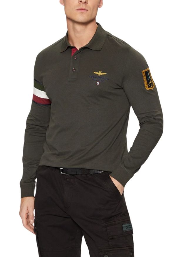 Aeronautica Militare - AERONAUTICA MILITARE Szarozielony męski longsleeve polo Tricolor. Typ kołnierza: polo. Kolor: zielony. Materiał: jersey. Długość rękawa: długi rękaw