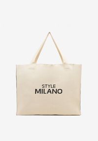 Born2be - Beżowa Torebka Shopper Materiałowa z Napisem Zasuwana Saliretia. Kolor: beżowy. Wzór: napisy. Styl: biznesowy, casual