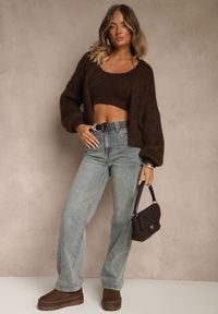 Renee - Brązowy Niezapinany Kardigan z Wełną i Wiskozą z Dołączonym Topem Belvane. Kolor: brązowy. Materiał: wełna, wiskoza. Długość rękawa: na ramiączkach