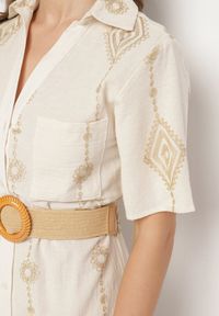 Born2be - Beżowa Bawełniana Sukienka Koszulowa z Ozdobnym Paskiem i Haftem Evialisse. Okazja: na imprezę, na co dzień. Kolor: beżowy. Materiał: bawełna. Wzór: haft. Typ sukienki: koszulowe. Styl: casual, elegancki #5