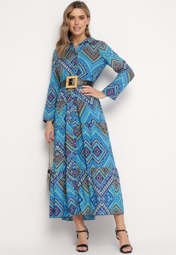 Born2be - Niebieska Bawełniana Sukienka Koszulowa Maxi w Stylu Boho Hlevana. Kolor: niebieski. Materiał: bawełna. Typ sukienki: koszulowe. Styl: boho. Długość: maxi