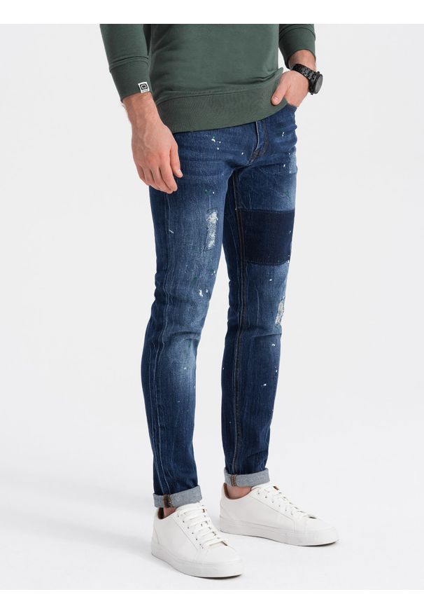 Ombre Clothing - Spodnie męskie jeansowe SKINNY FIT - niebieskie V2. Kolor: niebieski. Materiał: jeans. Wzór: aplikacja
