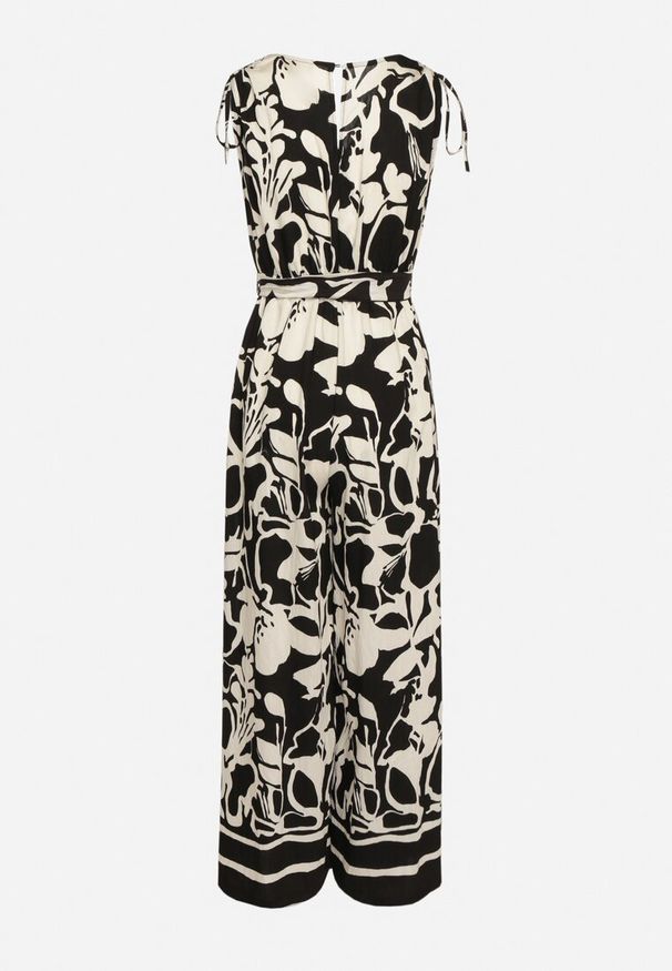 Born2be - Czarny Kopertowy Kombinezon z Wiskozą Wykończony Gumką w Talii z Materiałowym Paskiem Inatia. Okazja: na co dzień. Kolor: czarny. Materiał: materiał, wiskoza. Długość: długie. Styl: casual, elegancki