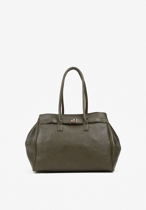Renee - Ciemnozielona Torebka Shopper z Dwoma Rączkami Ozdobiona Paskiem z Klamrą Remisse. Kolor: zielony. Wzór: aplikacja. Styl: klasyczny, casual, elegancki. Rodzaj torebki: na ramię