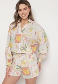 Born2be - Żółte Szorty ze Wzorem Boho i Wiązaniem Fevelarise. Okazja: na co dzień. Kolor: beżowy. Styl: boho #3