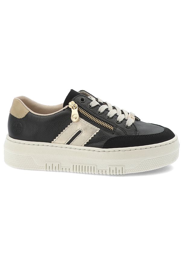 Czarne Sneakersy Rieker Stylowe Obuwie Damskie Na Platformie. Okazja: na co dzień. Zapięcie: sznurówki. Kolor: czarny. Materiał: materiał. Obcas: na platformie