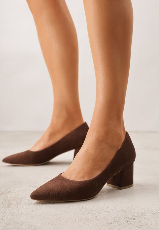 Renee - Brązowe Czółenka Vices na Słupku z Wkładką ze Skóry Naturalnej Rieris. Okazja: na co dzień. Nosek buta: szpiczasty. Kolor: brązowy. Materiał: skóra. Obcas: na słupku. Styl: casual, klasyczny, wizytowy. Wysokość obcasa: średni