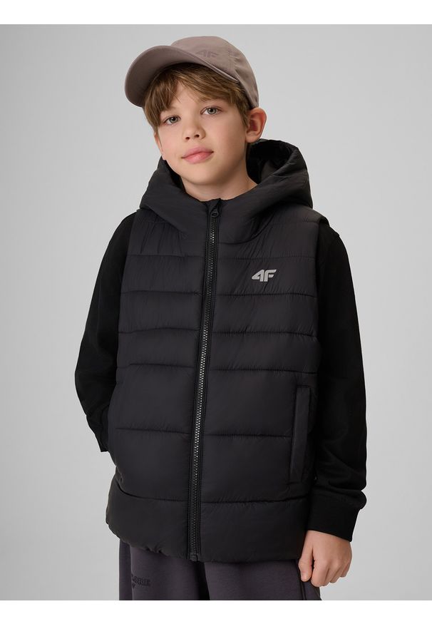 4f - 4F Bezrękawnik z wypełnieniem syntetycznym chłopięcy - czarny 146 (10-11 lat). Okazja: na spacer, na co dzień, na uczelnię. Typ kołnierza: kołnierzyk stójkowy. Kolor: czarny. Materiał: syntetyk. Długość rękawa: bez rękawów. Sezon: lato. Styl: casual