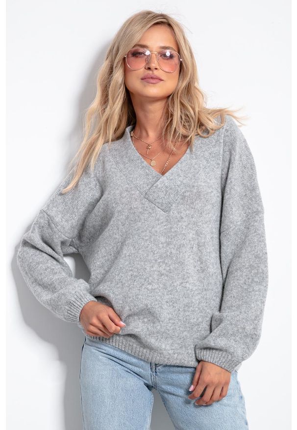 Fobya - Wełniany Sweter V neck - Szary. Kolor: szary. Materiał: wełna