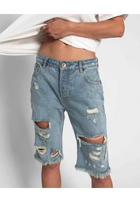ONETEASPOON - Jeansowe spodenki Kansas Truckers. Stan: podwyższony. Kolor: niebieski. Materiał: jeans. Długość: do kolan. Wzór: aplikacja. Styl: rockowy #1